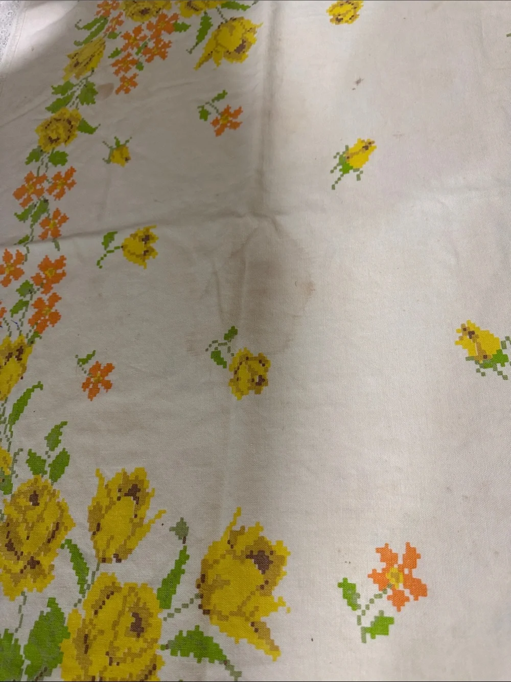 Vintage antique cross stitch fabric and lace yellow floral tablecloth 66x57